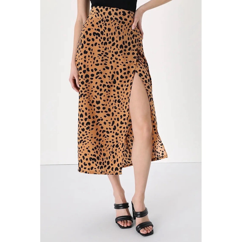Lulu's Tan Cheetah Animal Print Wrap Midi Skirt Women's Small Tie Bow Waist - Picture 2 of 16
